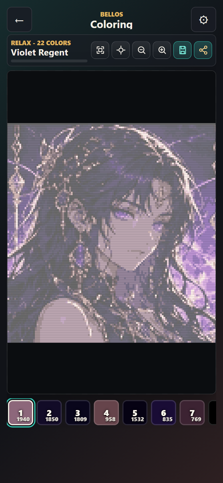 Bellos Pixel Magic coloring board screen